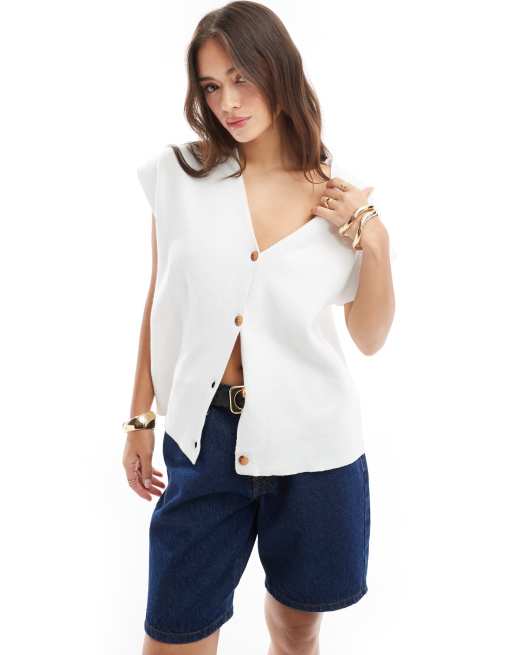 Pieces – Weiche, ärmellose Oversize-Weste in Weiß