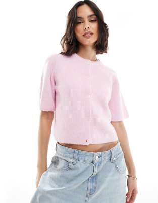 Pieces - Weiche, kurzärmlige Strickjacke in Rosérosa