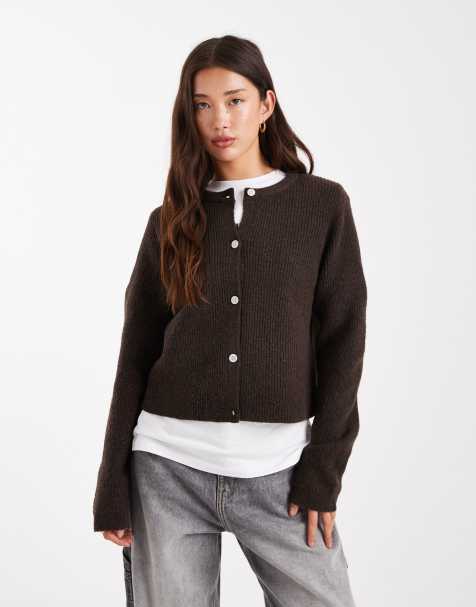 Pieces – Weiche, langärmlige Strickjacke in Schokobraun - view 1