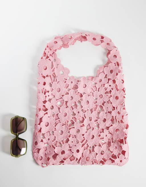 Pieces – Weiche Tasche aus floraler Spitze in Hellrosa, 2 von 4