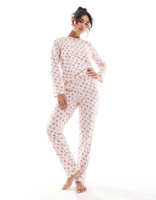 Pieces - Weihnachtlicher, langärmliger Pyjama in Rosa mit Schleifen-Muster