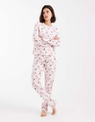 Pieces - Weihnachtlicher, langärmliger Pyjama in Rosa mit Schneemann-Print