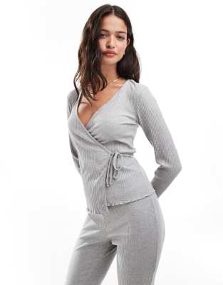 wellness mix & match lettuce edge wrap front cardigan in light gray