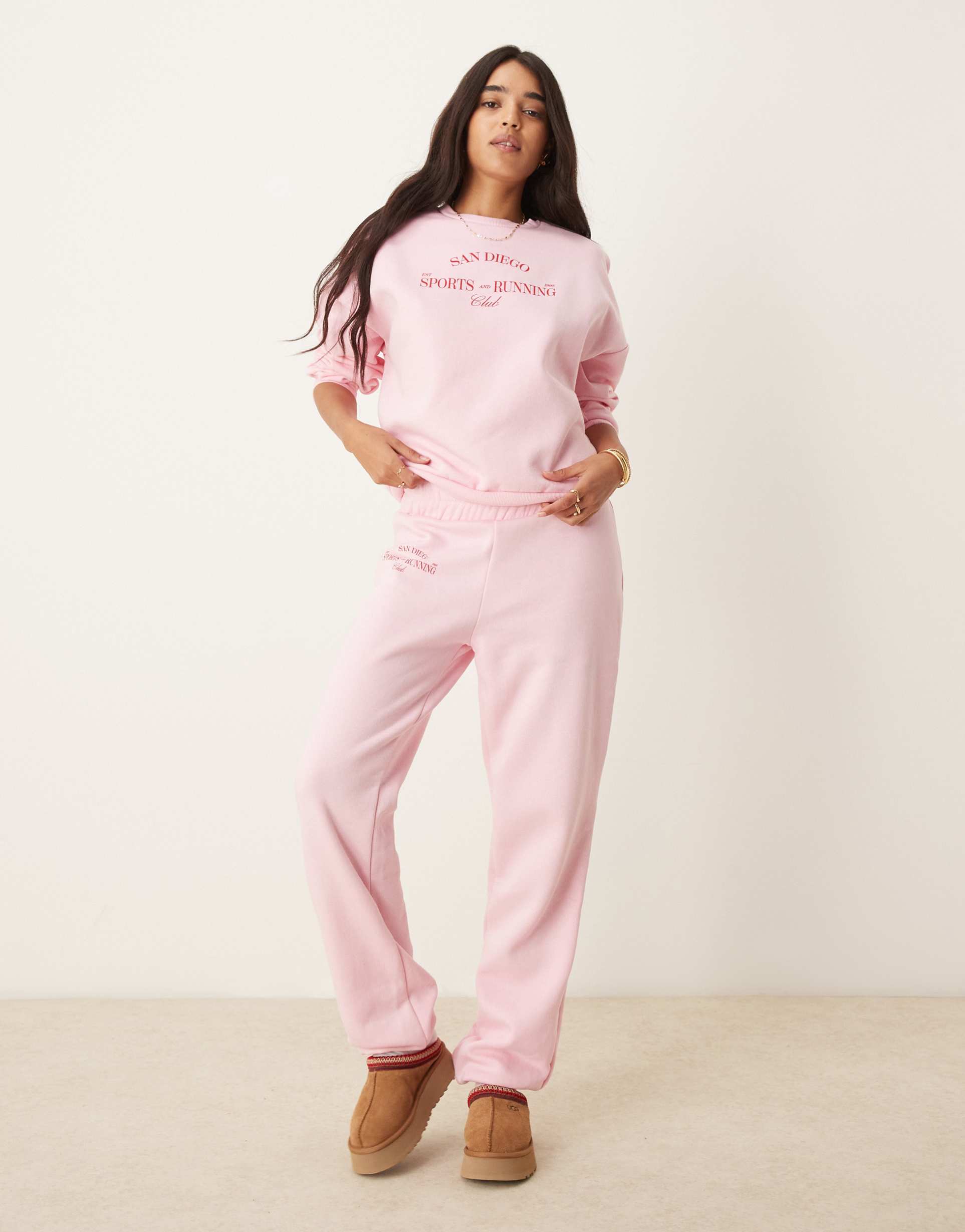 pieces wellness 'sports & running club' cuffed sweatpants in baby pink - part of a set