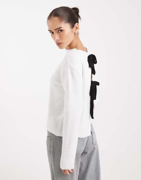 Pieces – Wendbare Strickjacke in Weiß mit kontrastierenden Bindebändern - view 1