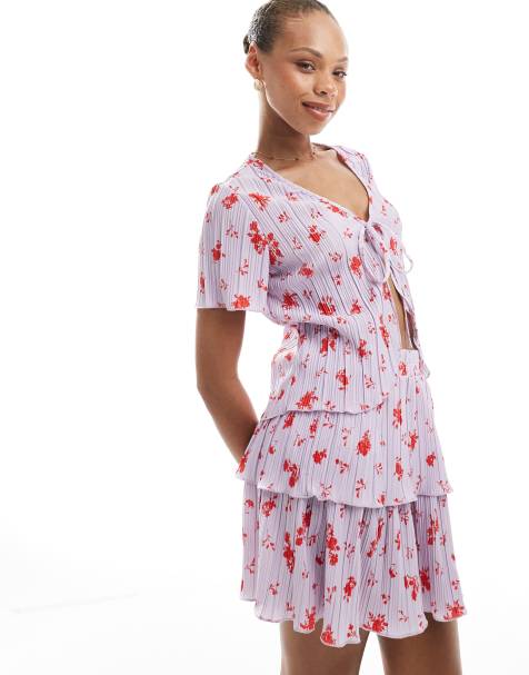 Pieces tie front plisse top co-ord in lavender floral print