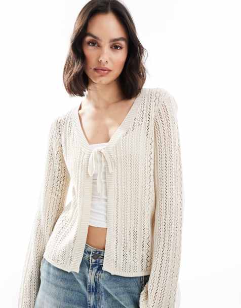 Pieces crochet tie front cardigan in birch cream