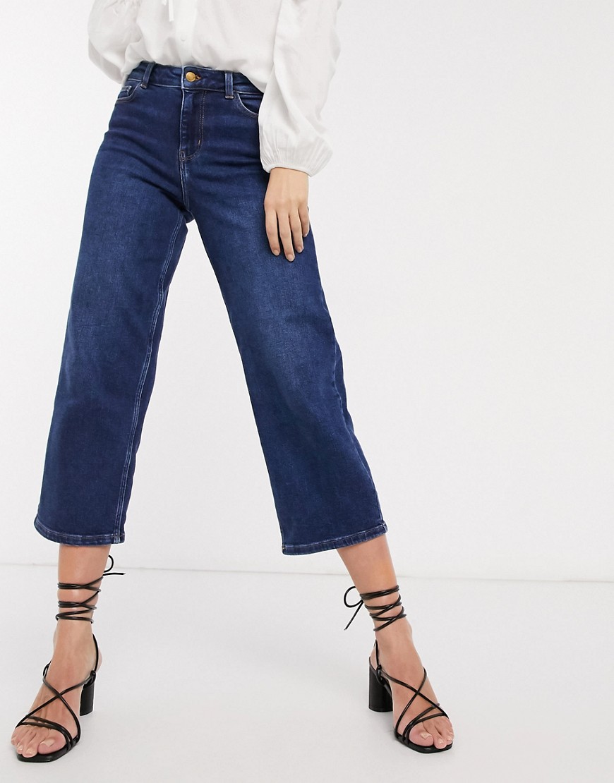 Pieces wide leg cropped jeans in dark blue denim