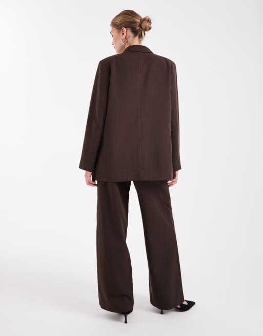 Pieces wide leg dad pants with belt loops in chocolate brown (part of a set), 2 of 5