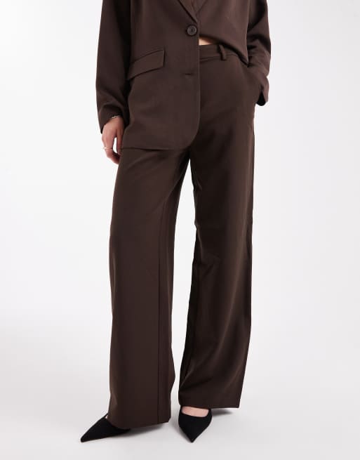 Pieces wide leg dad pants with belt loops in chocolate brown (part of a set), 4 of 5