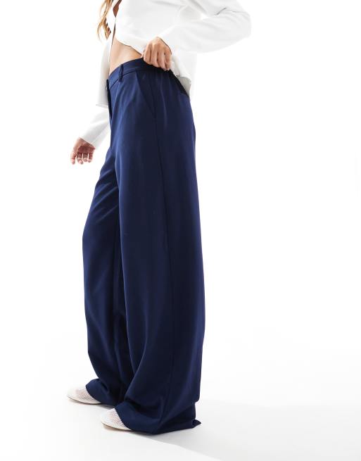 Pieces wide leg dad trousers with belt loops in navy, 3 of 5