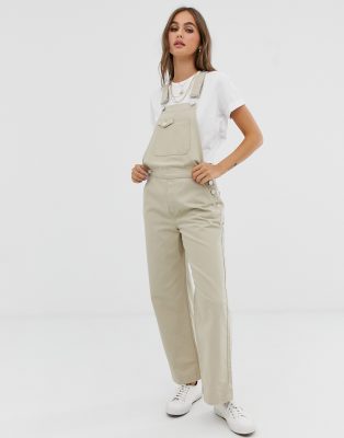 Pieces wide leg denim dungaree in beige