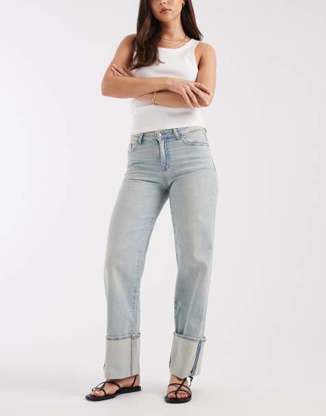 Pieces wide leg fold up jeans in light blue wash - view 1