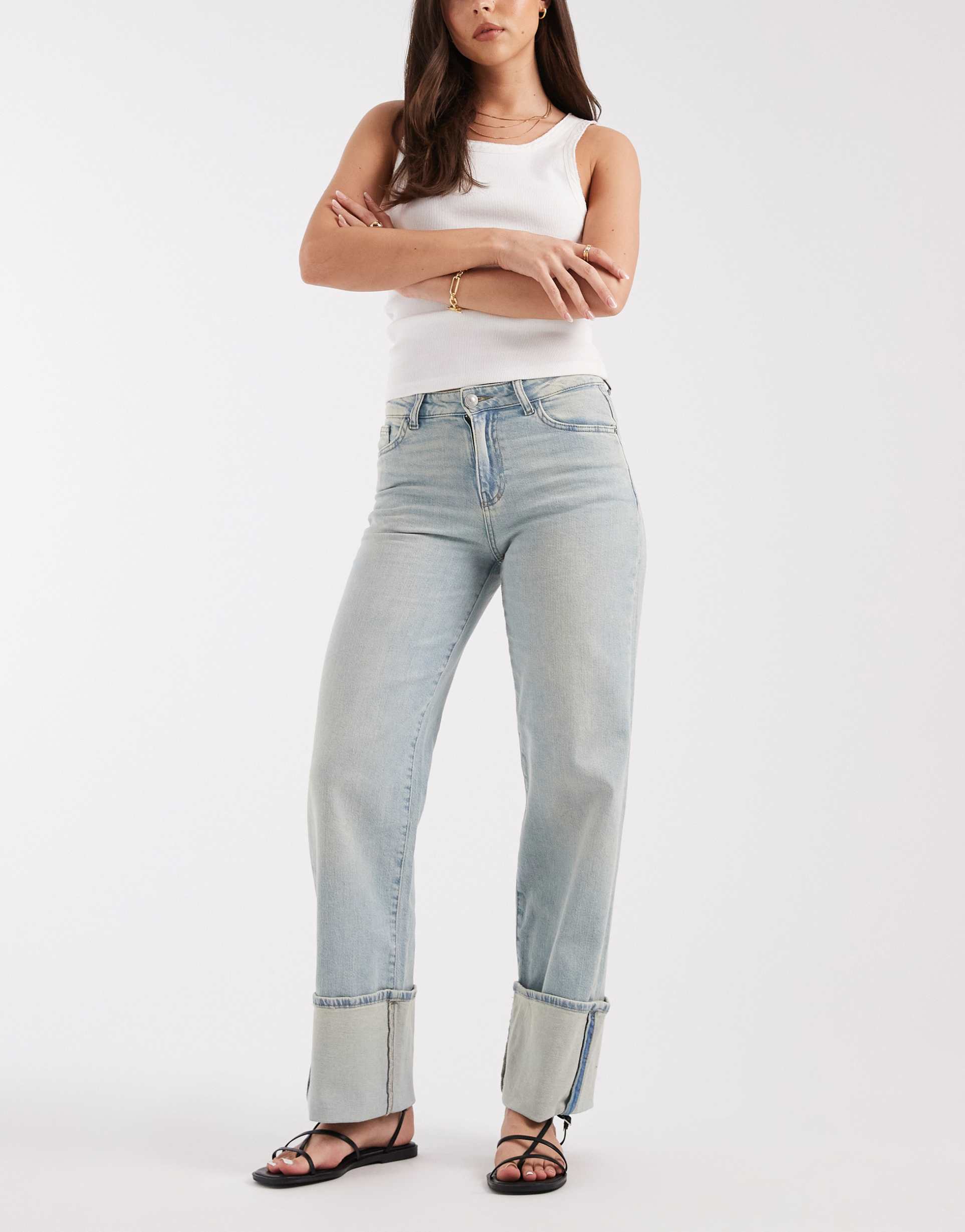 pieces wide leg fold up jeans in light blue wash