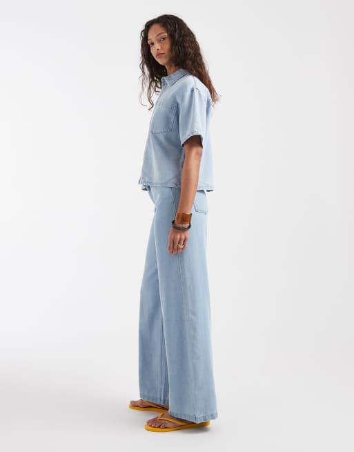 Pieces wide leg jeans co-ord in light blue wash, 2 of 5