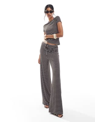 wide leg jersey pants in chocolate brown and pink stripe - part of a set
