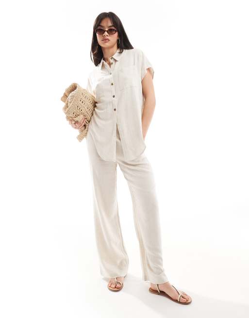 Pieces wide leg linen mix pants in cream - part of a set