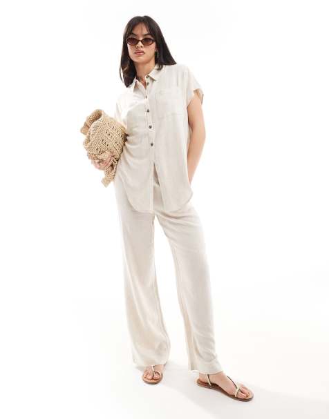 Pieces wide leg linen pants in cream (part of a set) - view 1