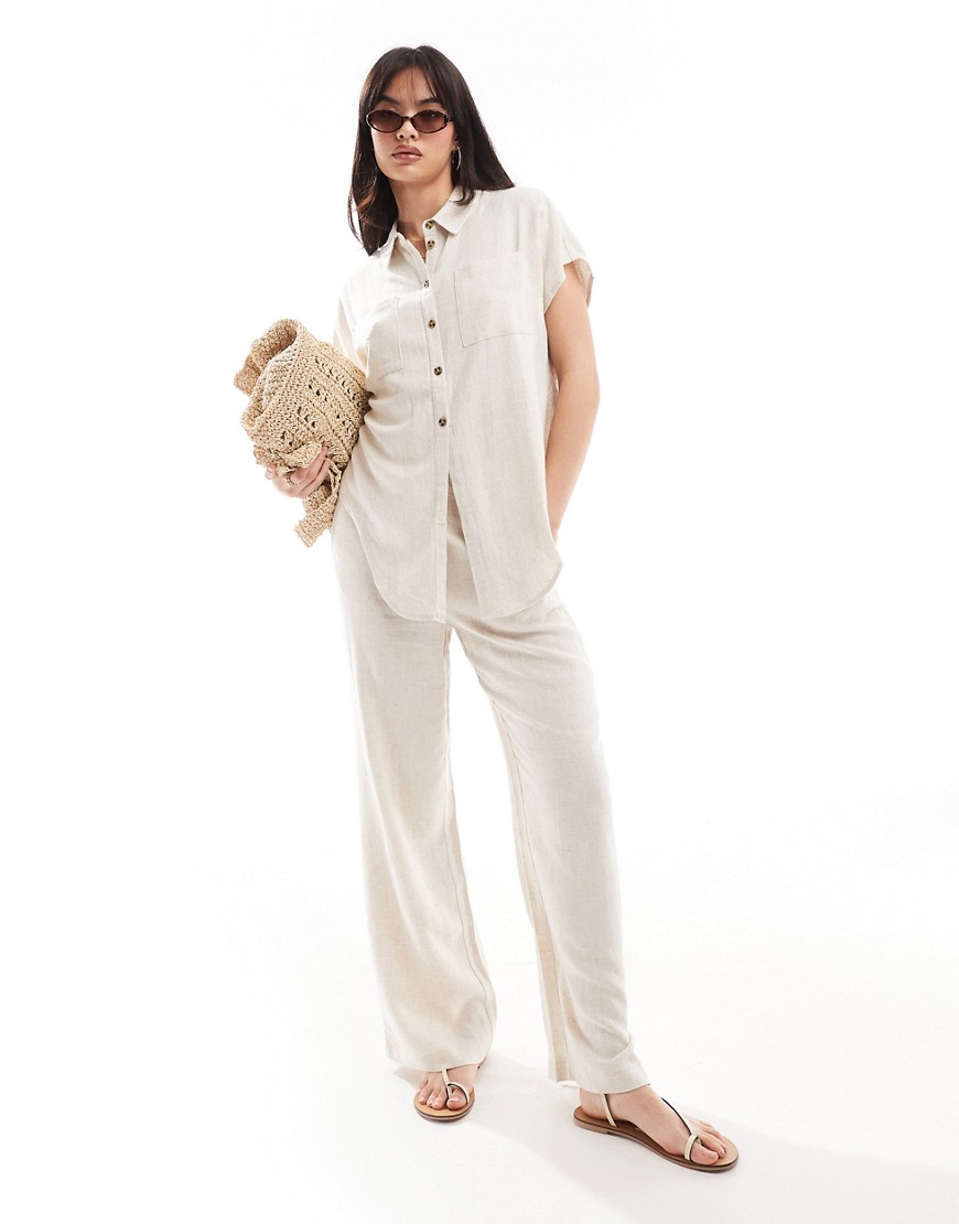 Pieces wide leg linen trousers co-ord in cream-White