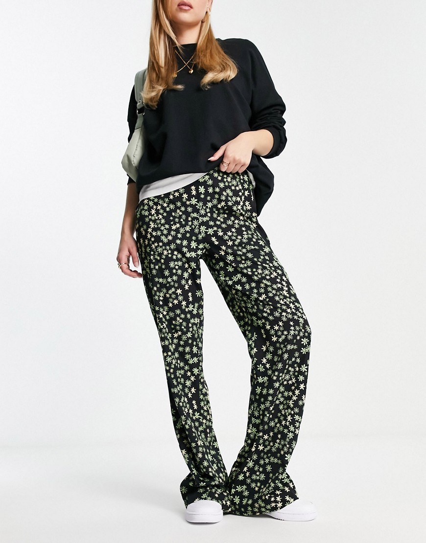 Pieces wide leg pants in black and green micro floral-Multi