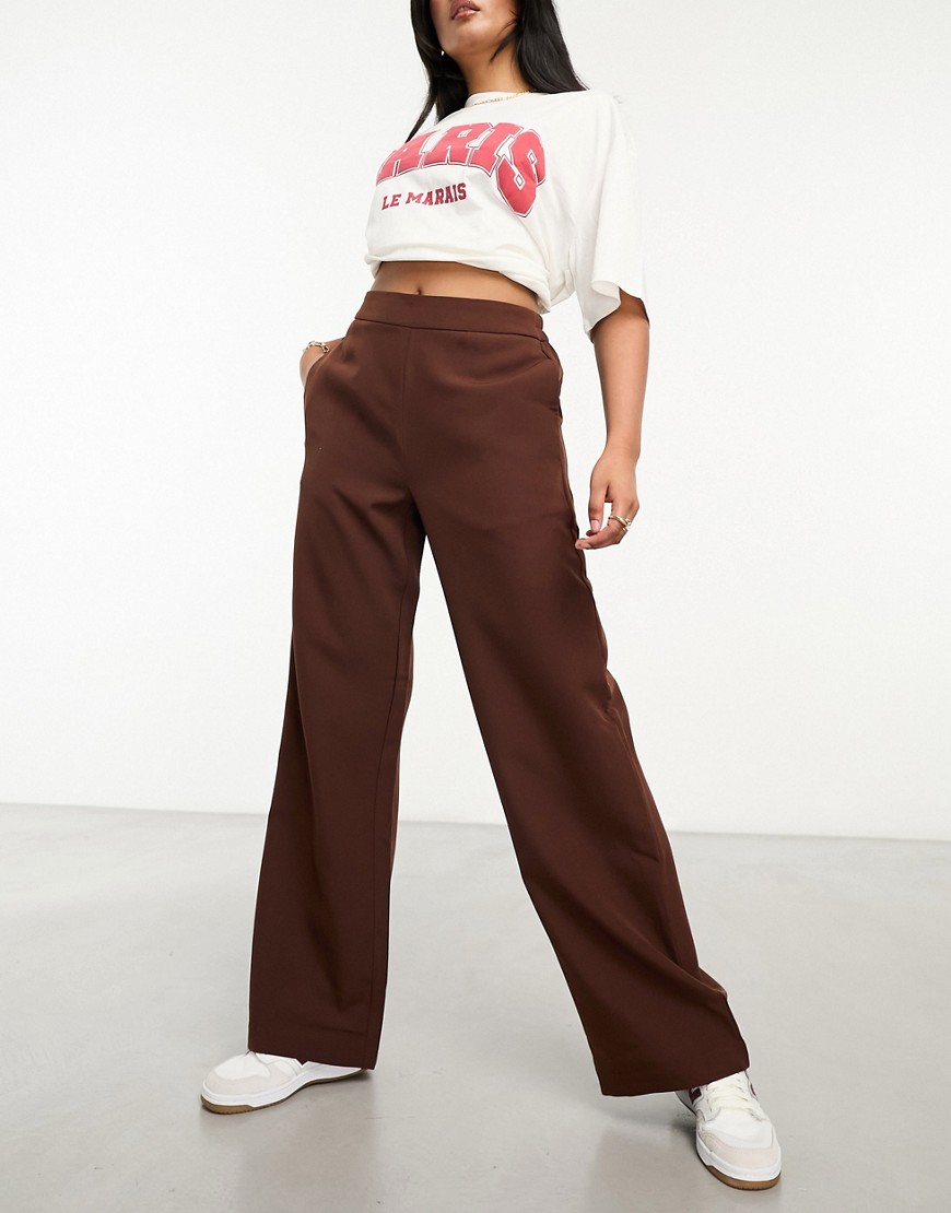 Pieces High Waisted Wide Leg Tailored Pants In Chocolate - Part Of A Set-brown
