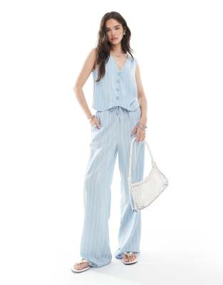 [Pieces] PIECES wide leg pants in light blue stripe (Part of a set) XL C Blue WHITE