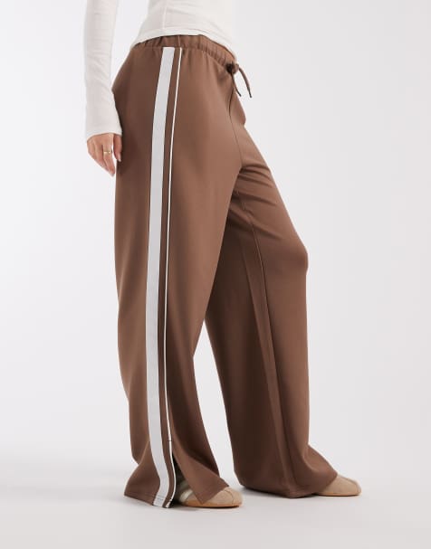 PIECES wide leg pants with side stripe in brown - view 1