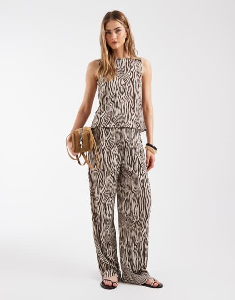 PIECES wide leg plisse pants in brown animal print - part of a set - view 1