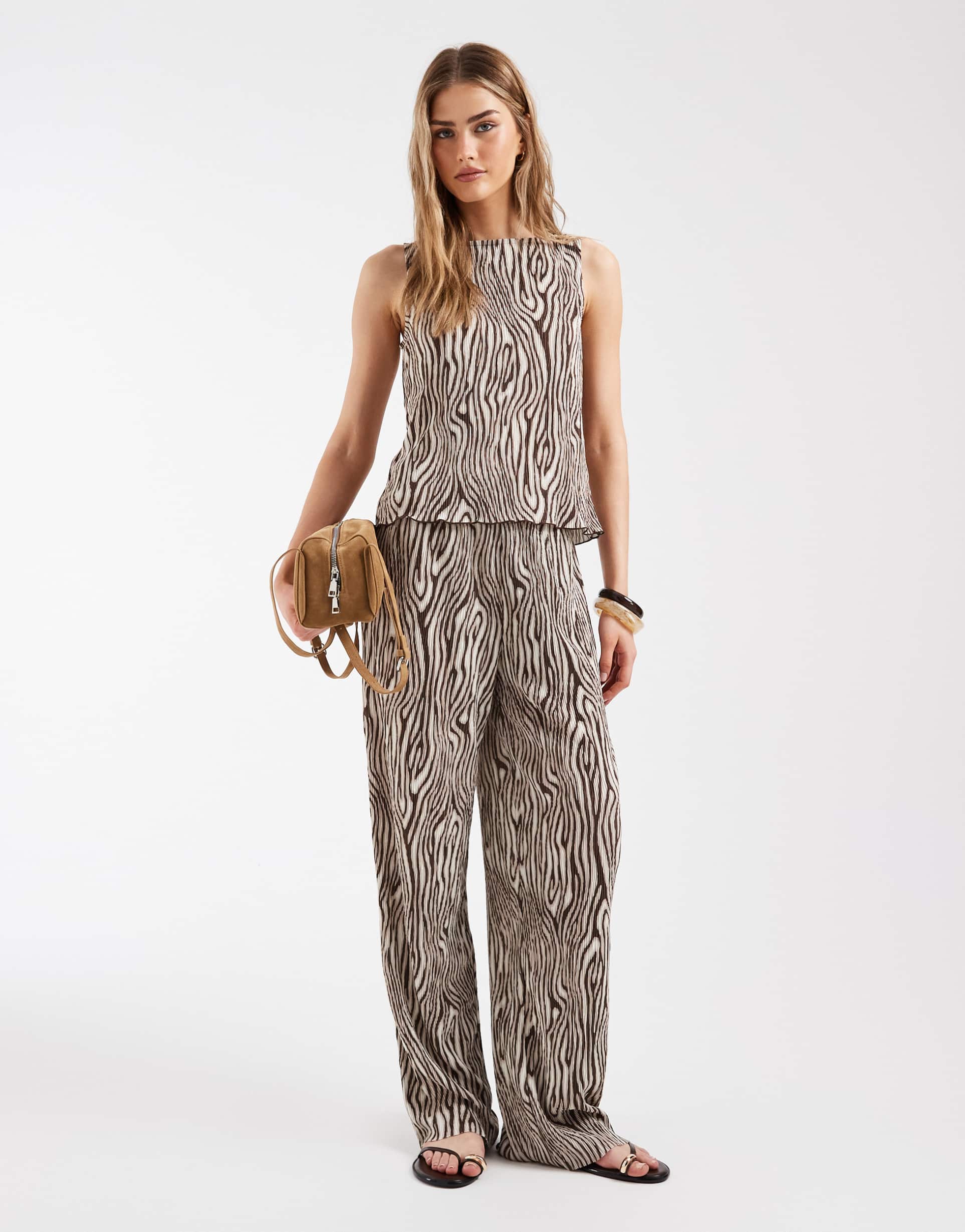 pieces wide leg plisse pants in brown animal print - part of a set