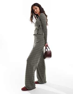 wide leg ribbed jersey pants in khaki stripe - part of a set-Green