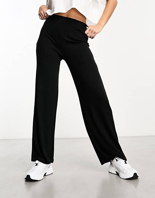 Pieces wide leg ribbed pants in black