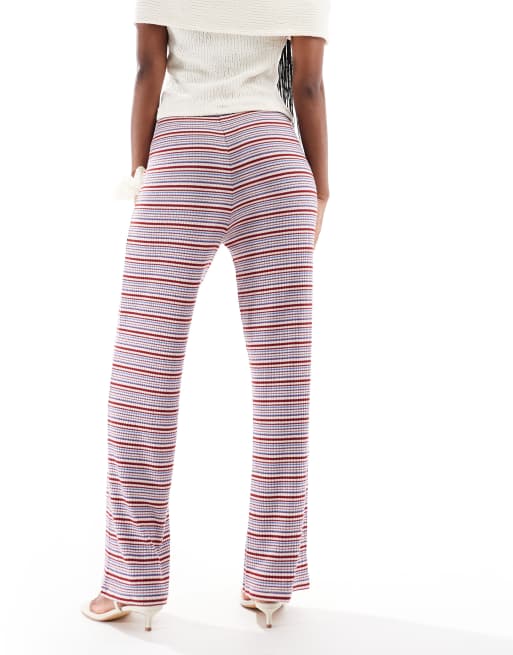 Pieces wide leg ribbed pants in blue and burgundy stripe, 2 of 5