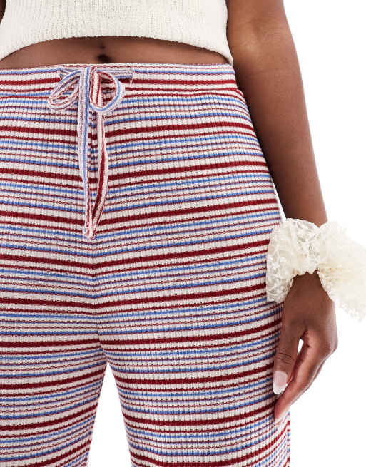 Pieces wide leg ribbed pants in blue and burgundy stripe, 3 of 5