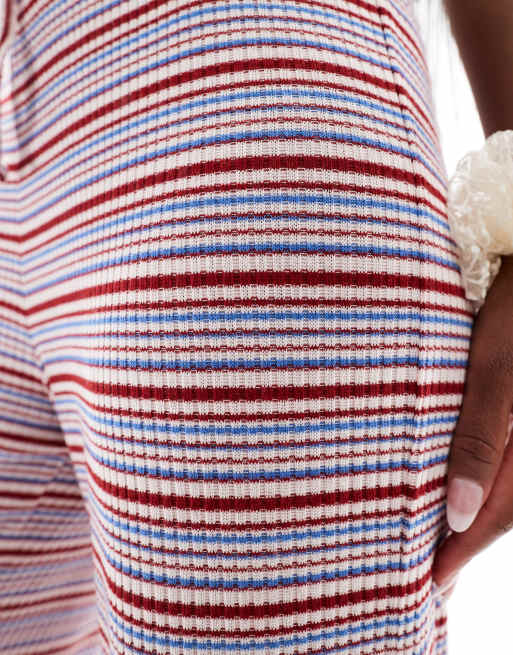 Pieces wide leg ribbed pants in blue and burgundy stripe, 4 of 5