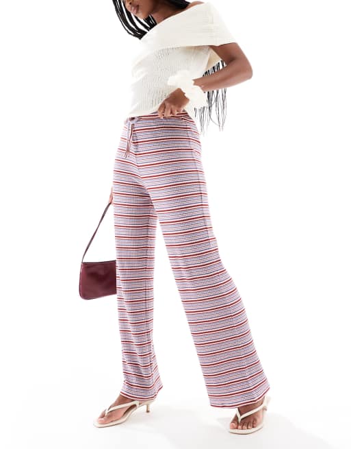Pieces wide leg ribbed pants in blue and burgundy stripe, 5 of 5