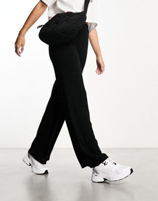 Pieces wide leg ribbed trousers in black - ASOS Price Checker