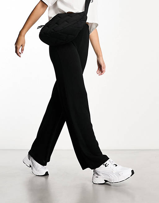 Trousers & Leggings Pieces wide leg ribbed trousers in black 