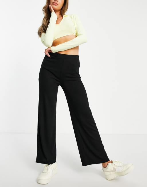 Black wide leg ribbed trousers sale