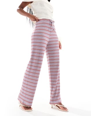 Pieces Pieces wide leg ribbed trousers in blue and burgundy stripe-Multi