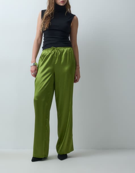 Pieces wide leg satin trousers co-ord in moss green - view 1