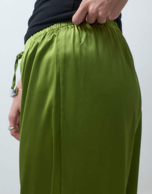 Pieces wide leg satin trousers co-ord in moss green, 5 of 5