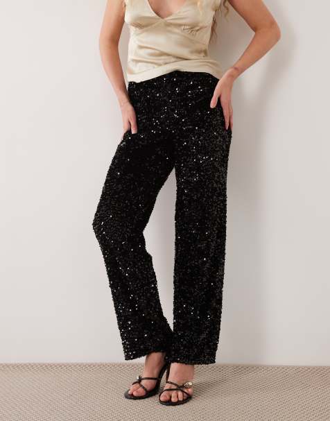 Pieces wide leg sequin trousers in black - view 1