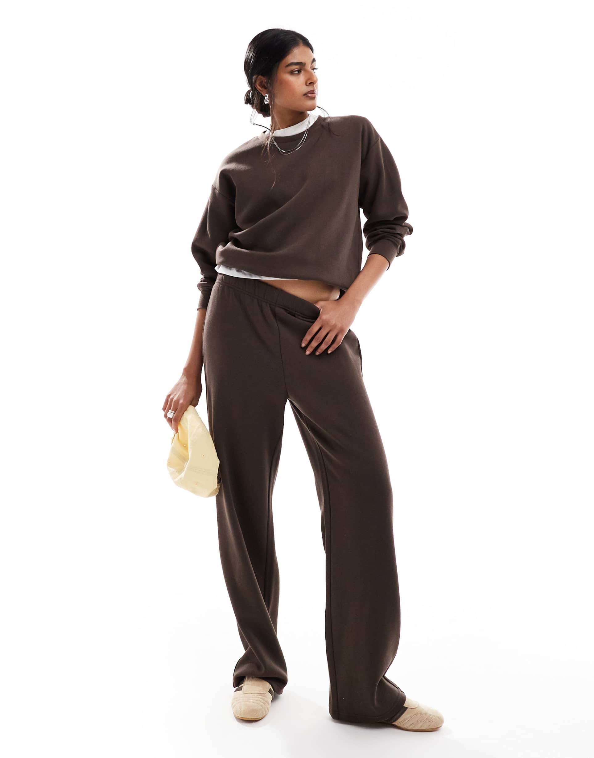 pieces wide leg sweatpants in chocolate brown - part of a set