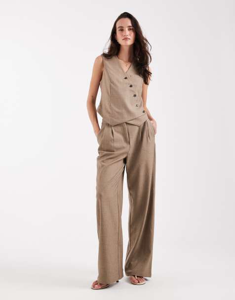 Pieces wide leg tailored trouser co-ord in light brown - view 1