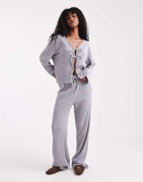 Pieces wide leg textured pants in pale gray - part of a set - view 1