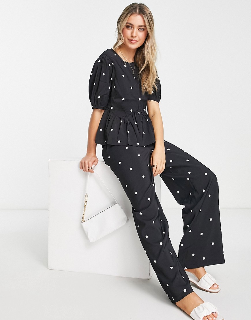 Pieces wide leg trousers co-ord in black polka dot