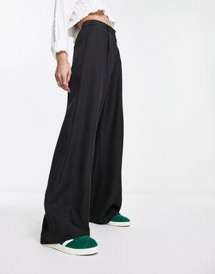 Pieces wide leg trousers with pleat detail in black