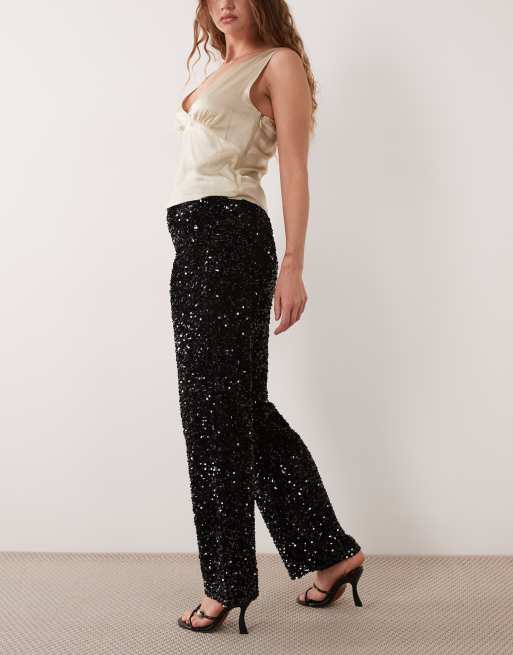 Pieces wide leg velour sequin pants in black, 3 of 5