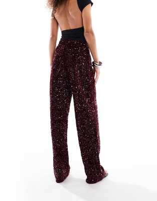 Pieces Wide Leg Velour Sequin Pants In Black