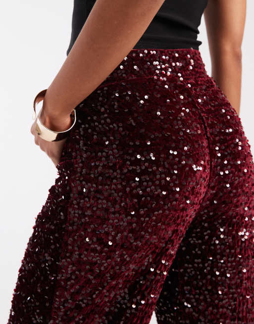 Pieces wide leg velour sequin pants in burgundy